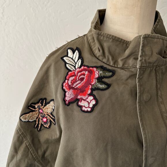 H&M | Womens Army Green Cotton Twill Bird Flower Bee Patch Bomber Jacket Small - Picture 3 of 15